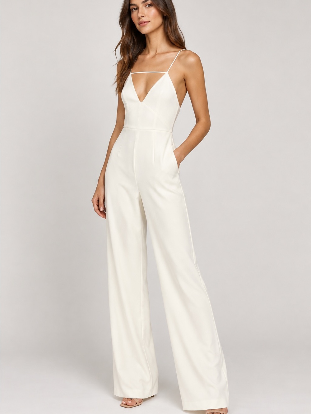 AQ/AQ Neve Ivory Deep Plunge Jumpsuit US 4